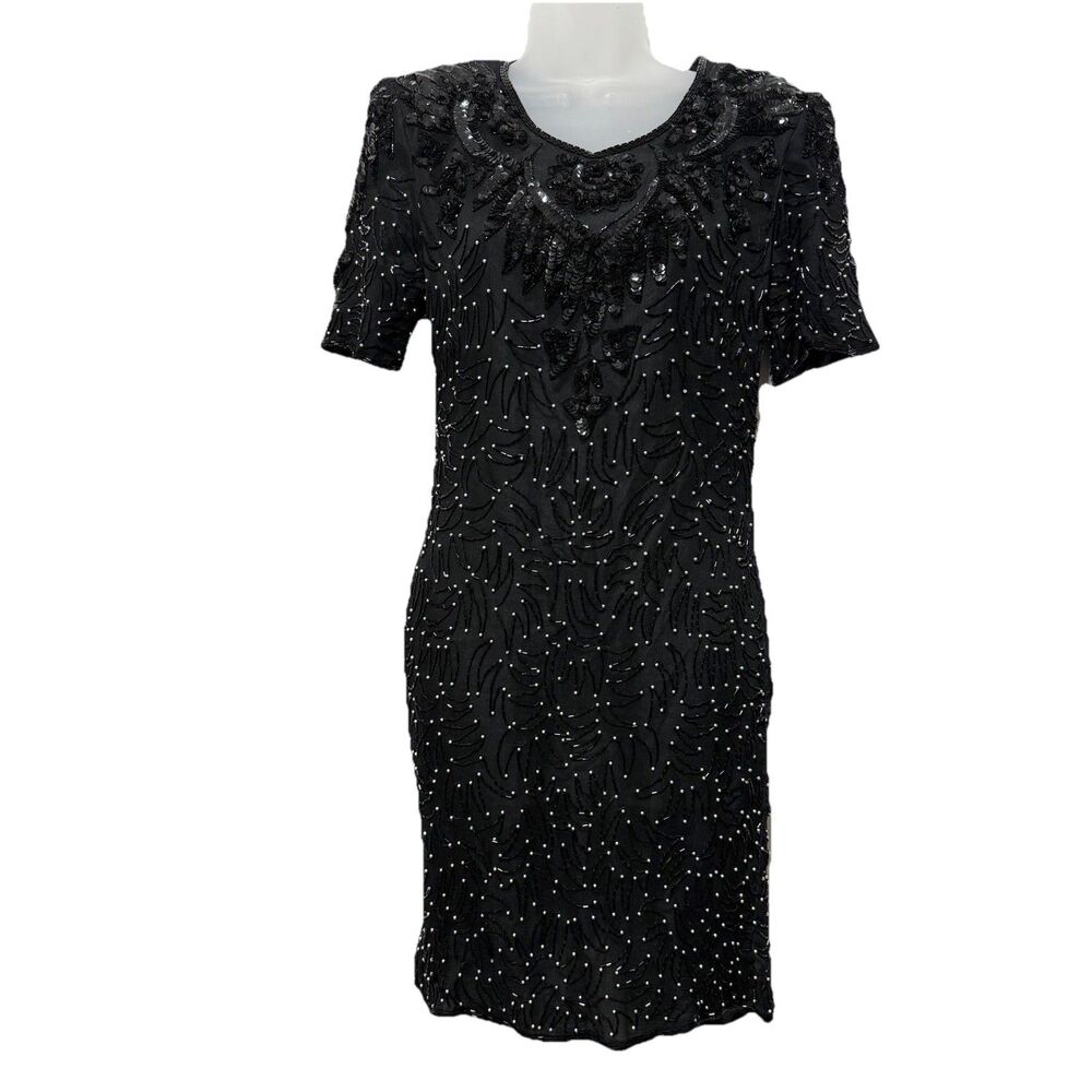 Vintage Royal Feelings Silk Beaded Black Cocktail Dress Short Sleeve Size 10